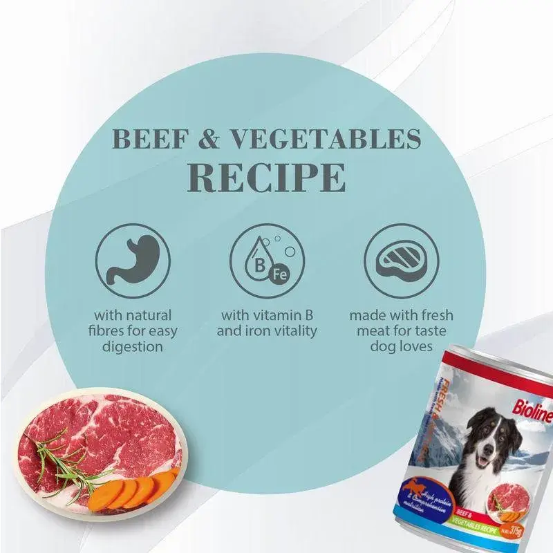 Bioline Canned Dog Food 375g -Min Order 24 pcs (24 Cans / Box)[Flavor - Beef & Vegetables]