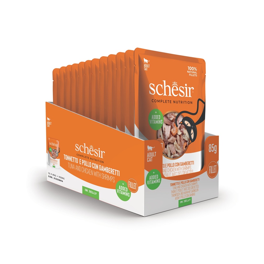 Schesir Complete & Balanced Nutrition Wet Cat Food in Jelly Pouch- Tuna & Chicken With Shrimp 85g [MOQ:12pcs]