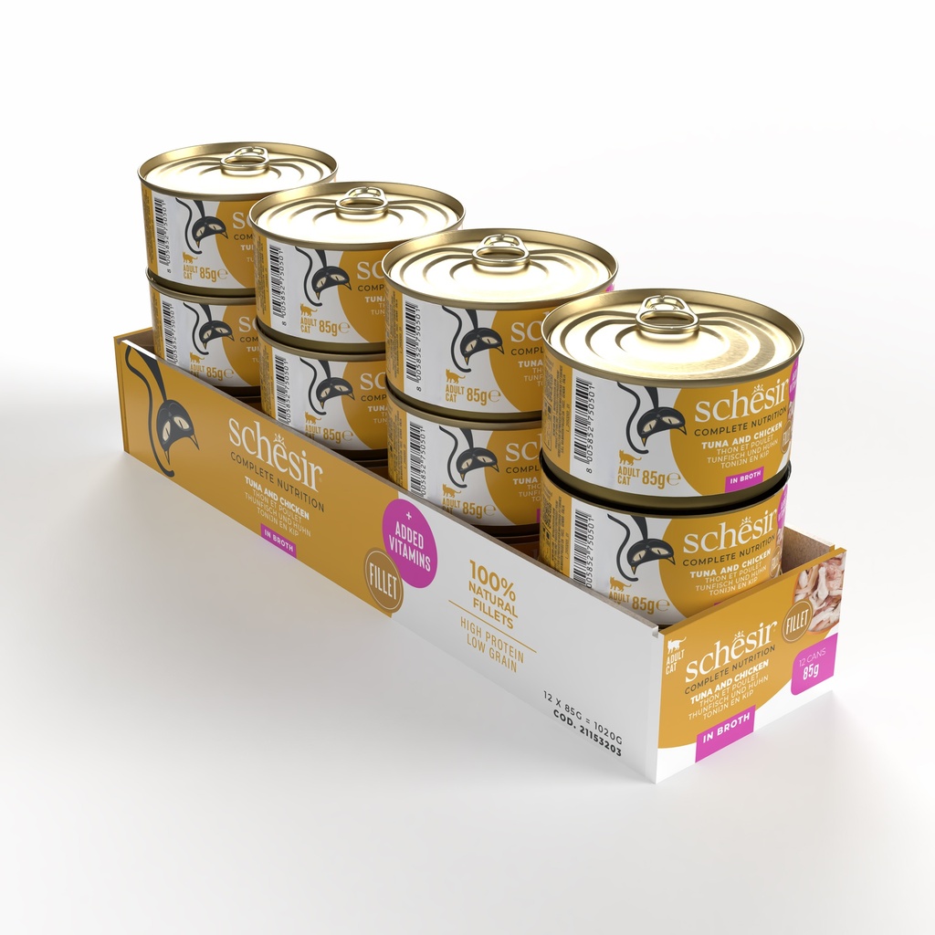 Schesir Complete & Balanced Nutrition Wet Cat Food in Broth Can- Tuna With Chicken 85g [MOQ:12pcs]