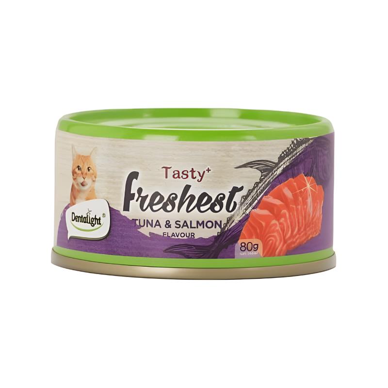 Dentalight Tasty Freshest Cat Treat in Can Tuna & Salmon 6x80g [Box Code:11599] - (MOQ:6pcs)