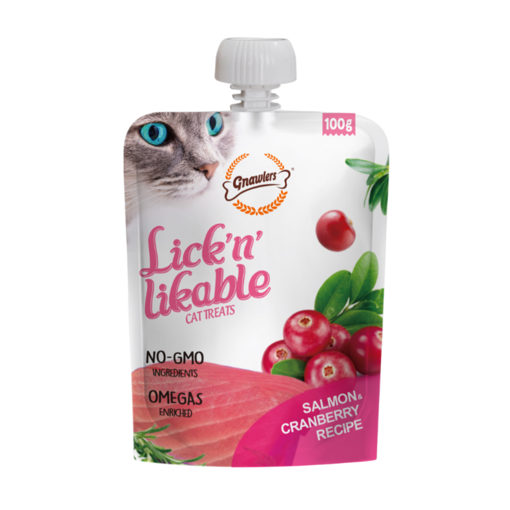 Gnawlers Lick 'n' Lickable Cat Treats 100g - Salmon & Cranberry
