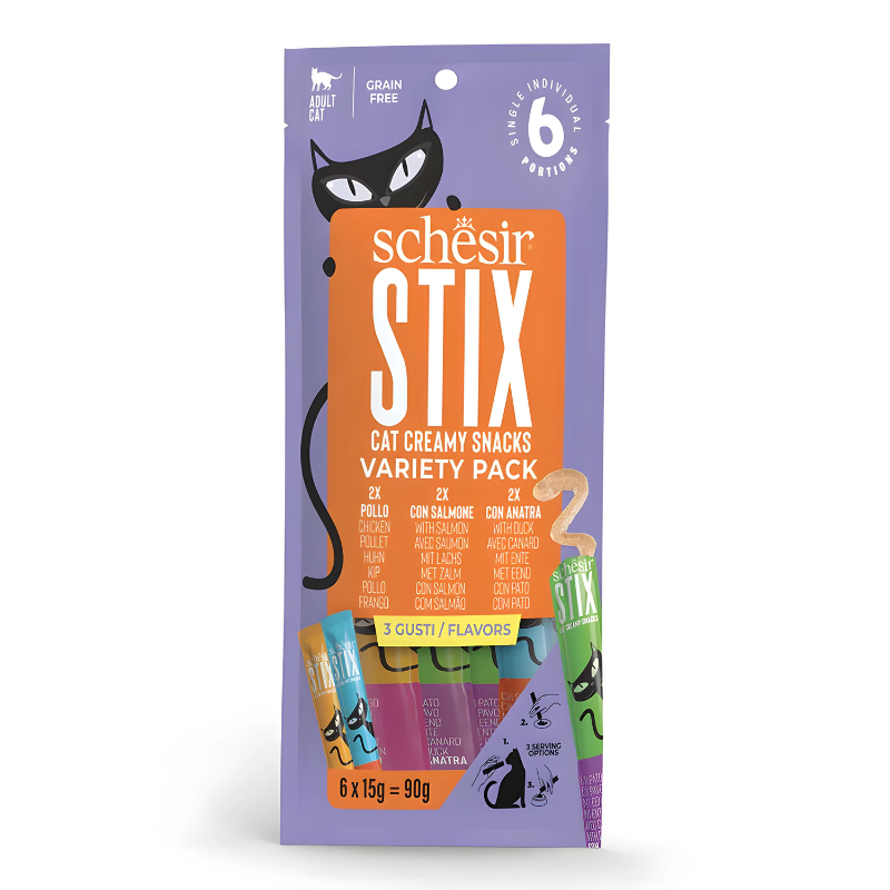 Schesir Stix Treat Variety Pack  6x15g - Mixed Flavors: Chicken,Duck & Salmon, (Min Order- 12 Pack)