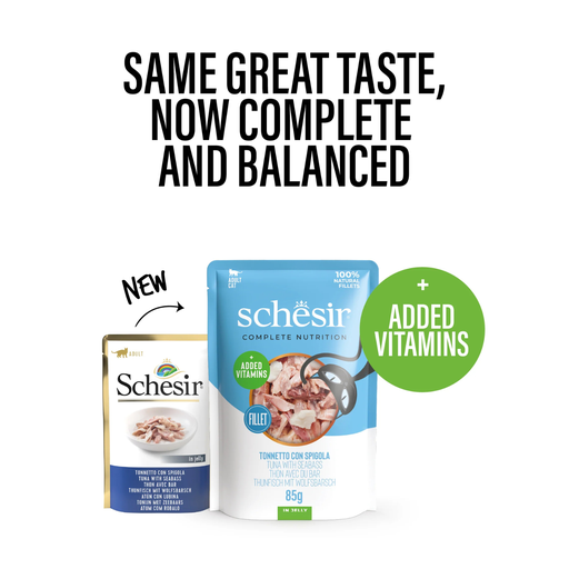 [SCPST21223404] Schesir Complete & Balanced Nutrition Wet Cat Food in Jelly Pouch- Tuna With Seabass 85g [MOQ:12pcs]